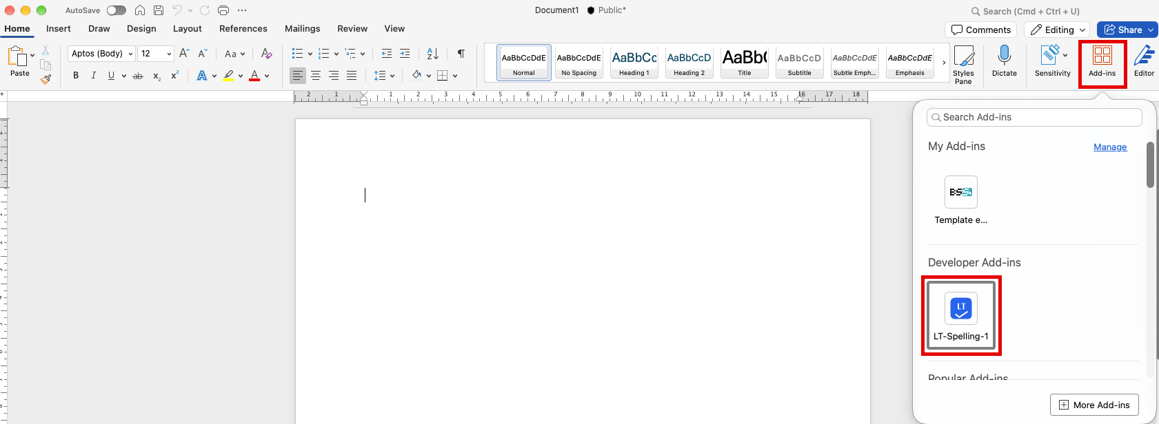 Word for Mac: Home → Add-ins → Developer Add-ins → LT-Spelling-1