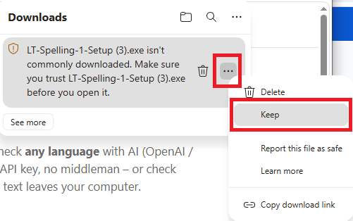 Edge downloads: ... then Keep