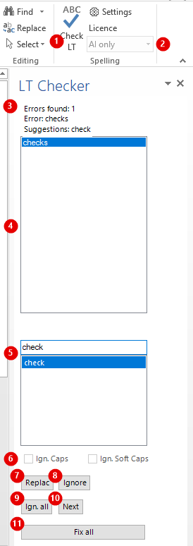 LT Checker pane with numbered parts