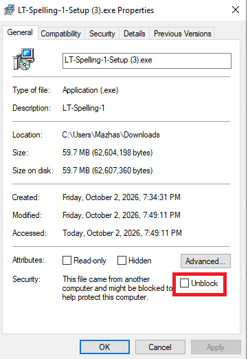 File Properties: tick Unblock