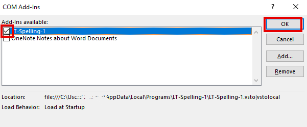 COM Add-Ins: tick LT-Spelling-1, OK