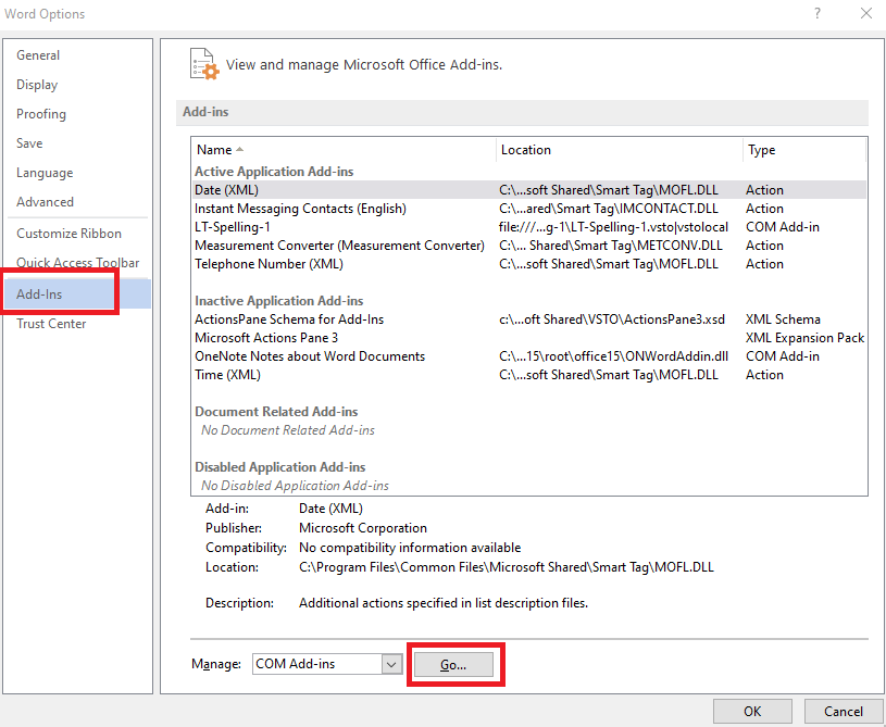 Word Options: Add-ins, Manage COM Add-ins, Go